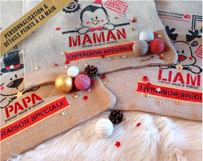 Sac cadeau hotte de Noël Ours en jute personnalisable