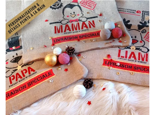 Sac cadeau hotte de Noël Ours en jute personnalisable