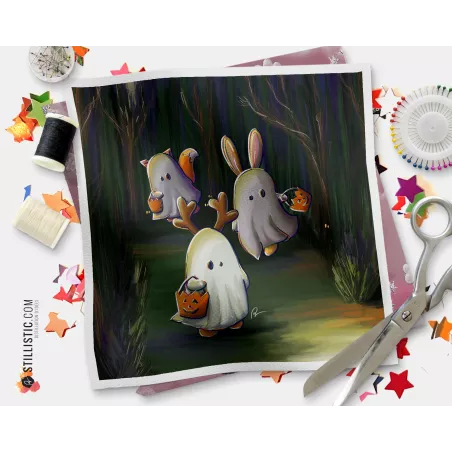 Coupon tissu illustré Fantômes Halloween coton ou minky