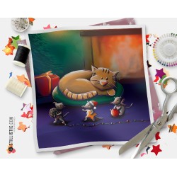 Coupon tissu illustré Noël Souris et Chat coton ou minky