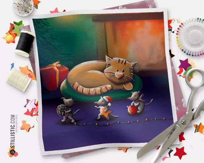 Coupon tissu illustré Noël Souris et Chat coton ou minky