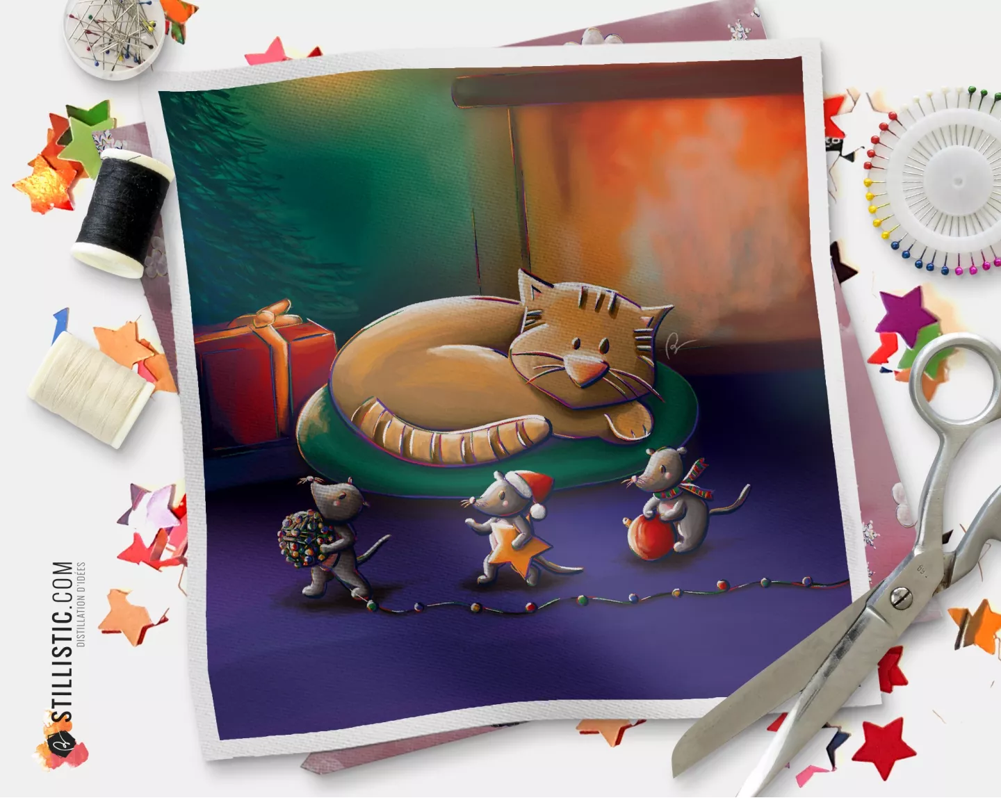 Coupon tissu illustré Noël Souris et Chat coton ou minky