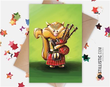 Carte de voeux papier 350g avec Illustration Originale Bébé Ecureuil Ecossais Cornemuse pour Noël Amitié Anniversaire