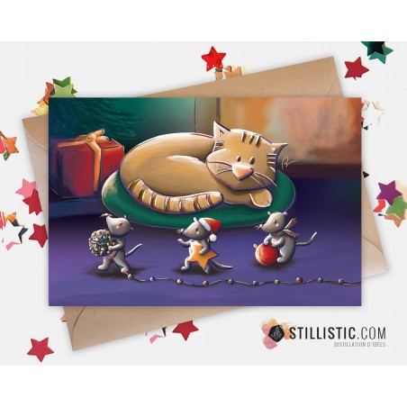 Carte de voeux Illustration Chat et souris Noël