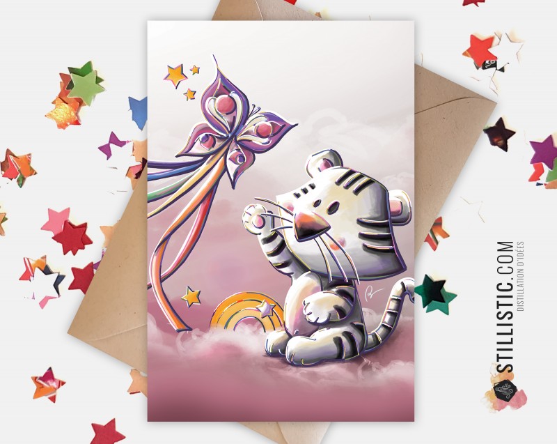 Carte de voeux Illustration Tigre blanc et cerf-volant