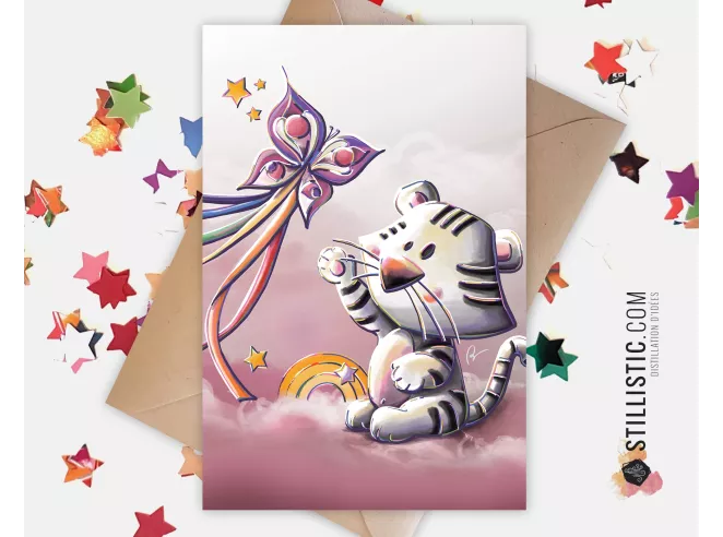 Carte de voeux Illustration Tigre blanc et cerf-volant