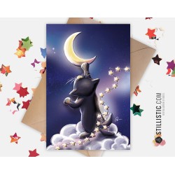 Carte de voeux Illustration Chat lune et étoiles