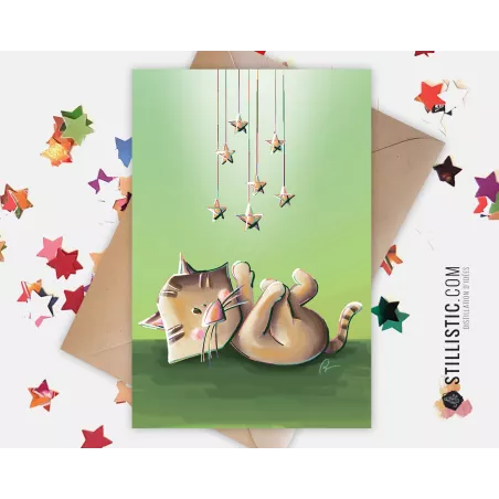 Carte de voeux Illustration Chat et étoiles