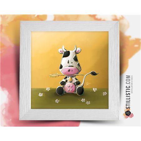 Cadre carré avec Illustration  Noël Vache pour Chambre Enfant bébé 25x25cm