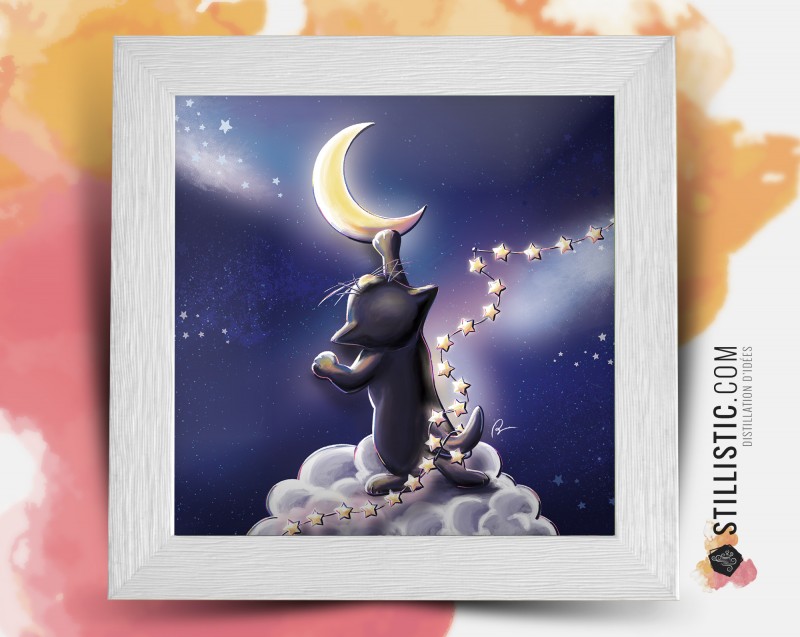 Cadre Illustration Chat lune et étoiles 25x25cm