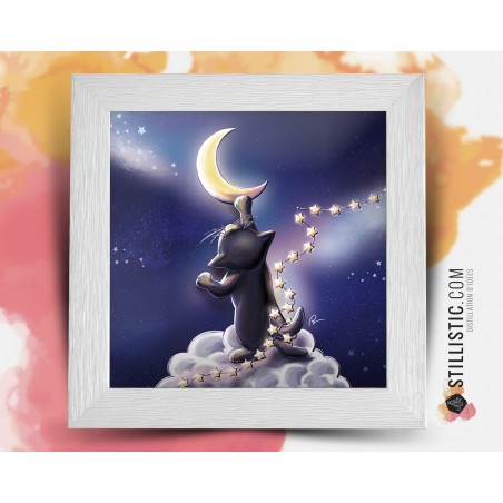 Cadre Illustration Chat lune et étoiles 25x25cm