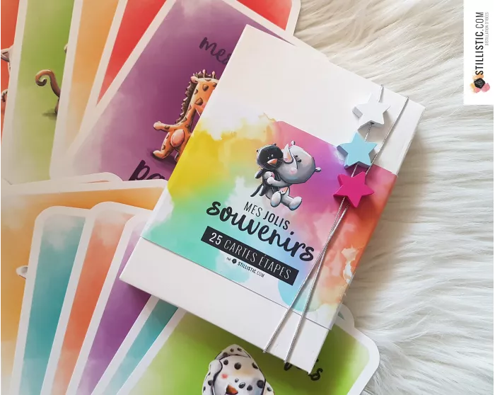Coffret cartes étapes naissance bébé souvenirs enfants illustrations animaux