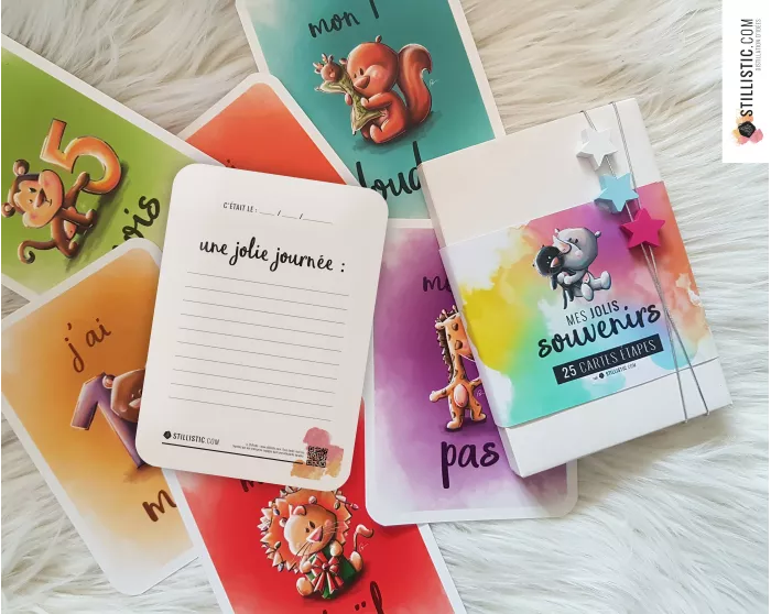 Coffret cartes étapes naissance bébé souvenirs enfants illustrations animaux