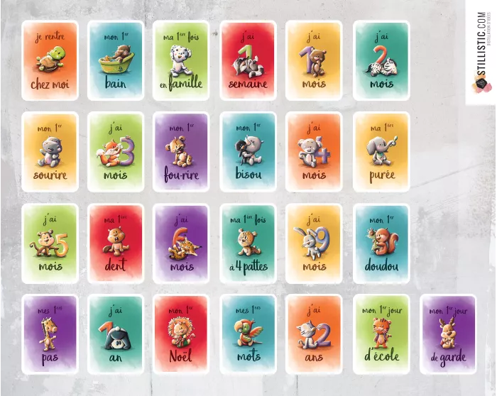 Coffret cartes étapes naissance bébé souvenirs enfants illustrations animaux