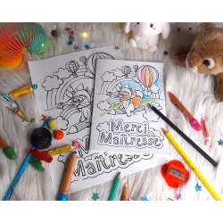 Carte merci maîtresse à imprimer et colorier pour enfants avec illustrations animaux