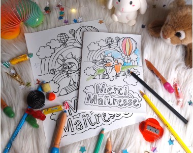 Carte merci maîtresse à imprimer et colorier pour enfants avec illustrations animaux