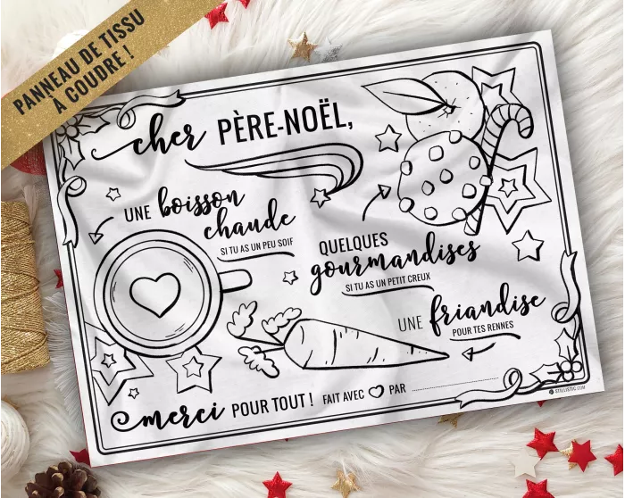 Coupon tissu coloriable Set de Table du Père Noël Sans substances nocives à couper et à coudre pour création faite maison