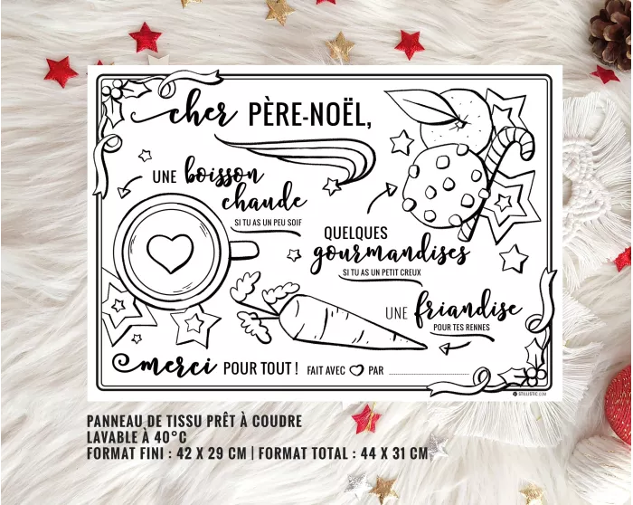 Coupon tissu coloriable Set de Table du Père Noël Sans substances nocives à couper et à coudre pour création faite maison