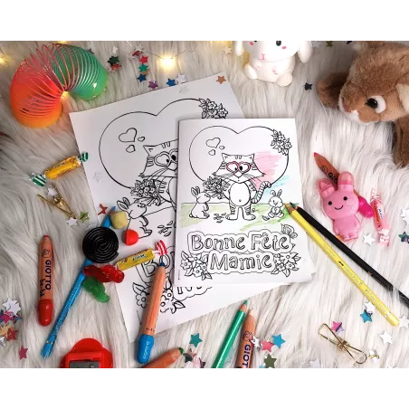 Carte chaton, lapin et fleurs à imprimer et colorier pour enfants avec illustrations animaux