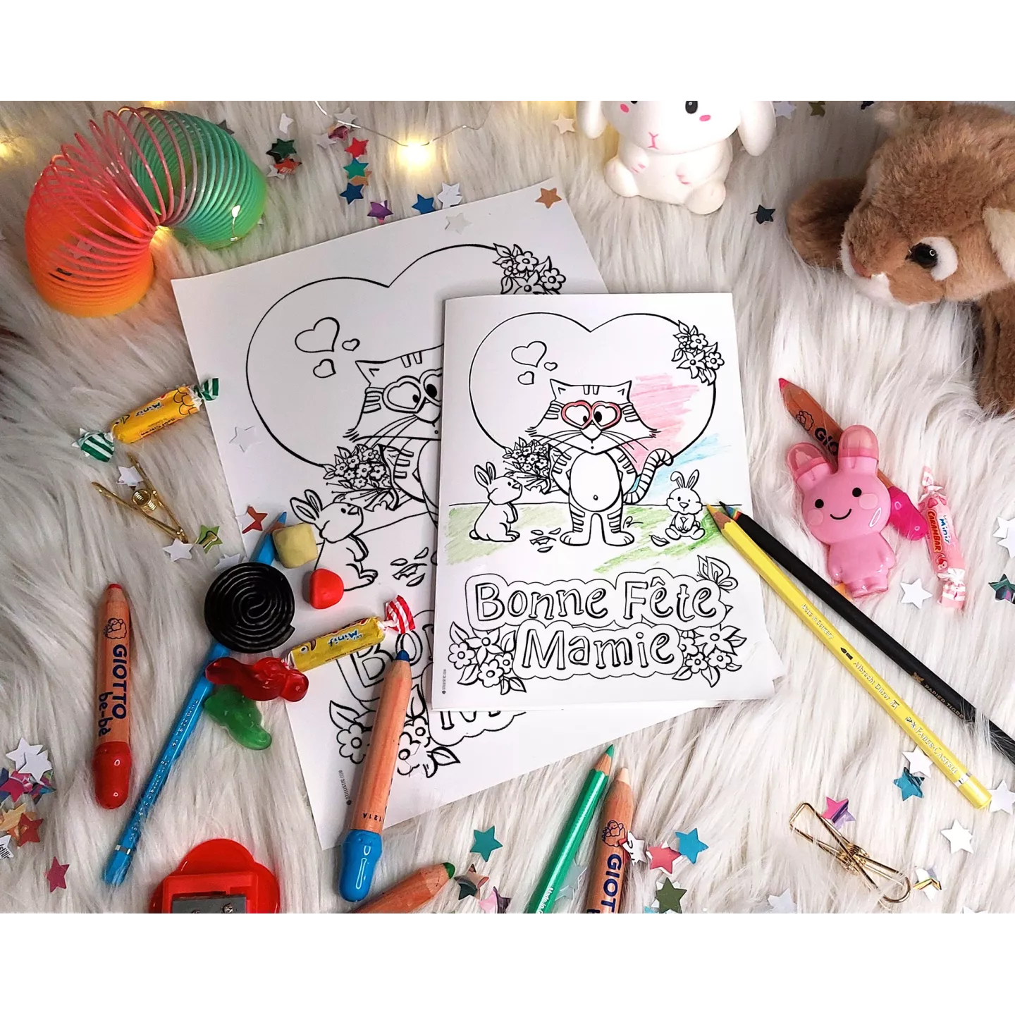 Carte chaton, lapin et fleurs à imprimer et colorier pour enfants avec illustrations animaux