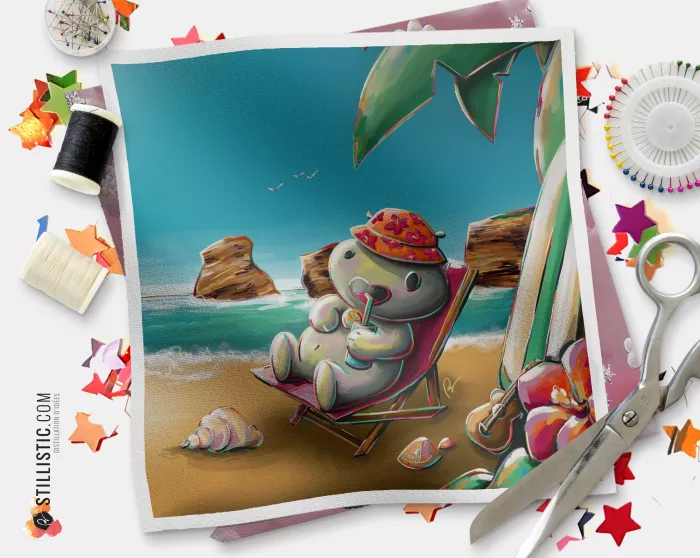 Coupon illustré Hippopotame à la plage tissu coton bio gots, minky, velours, simili-cuir Oekotex sans substances nocives bai jia