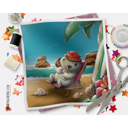 Coupon illustré Hippopotame à la plage tissu coton bio gots, minky, velours, simili-cuir Oekotex sans substances nocives bai jia