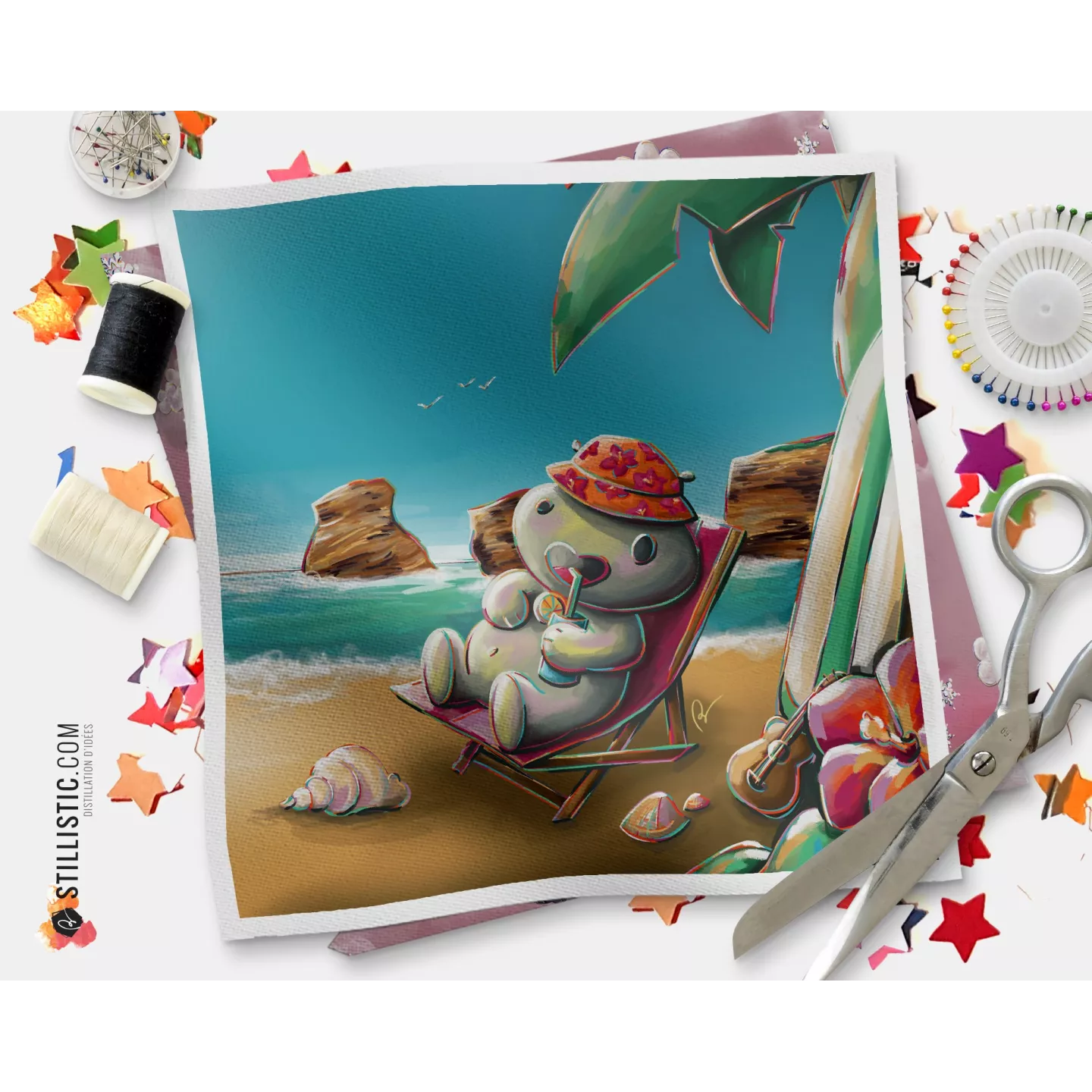 Coupon illustré Hippopotame à la plage tissu coton bio gots, minky, velours, simili-cuir Oekotex sans substances nocives bai jia