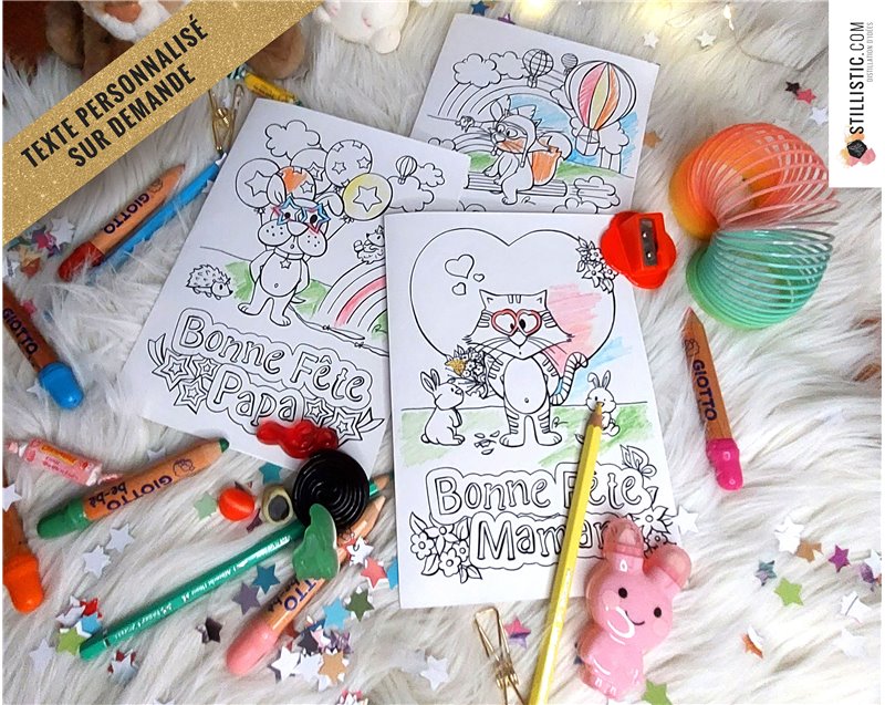 Carte fête des pères à imprimer et colorier pour enfants avec illustrations animaux