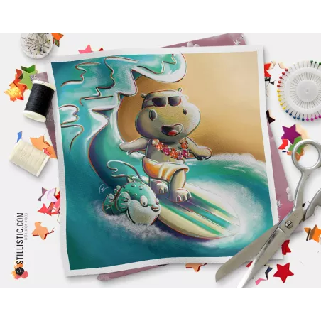 Coupon illustré Hippopotame surf tissu coton bio gots, minky, velours, simili-cuir Oekotex sans substances nocives sans substanc