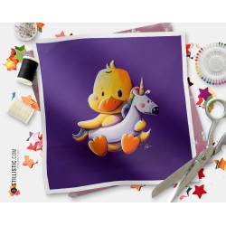 Coupon tissu illustré Caneton et bouée licorne coton ou minky