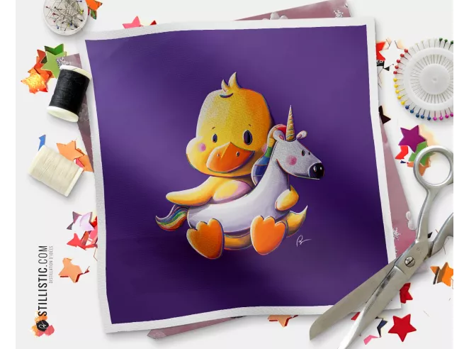 Coupon tissu illustré Caneton et bouée licorne coton ou minky