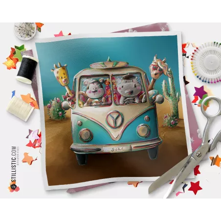 Coupon tissu illustré Hippopotame et amis van life