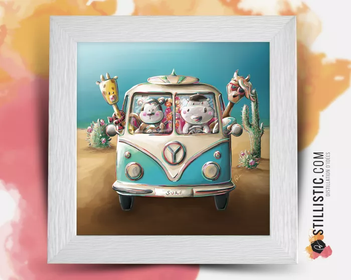 Cadre Illustration Hippopotame et amis van life 25x25cm