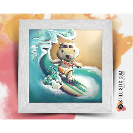 Cadre Illustration Hippopotame surf 25x25cm