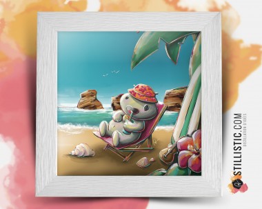 Cadre Illustration Hippopotame à la plage 25x25cm