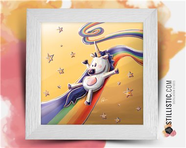 Cadre carré avec Illustration Licorne toboggan étoiles pour Chambre Enfant bébé 25x25cm