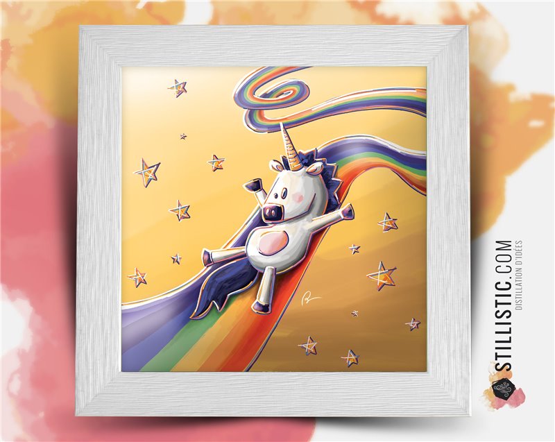 Cadre carré avec Illustration Licorne toboggan étoiles pour Chambre Enfant bébé 25x25cm