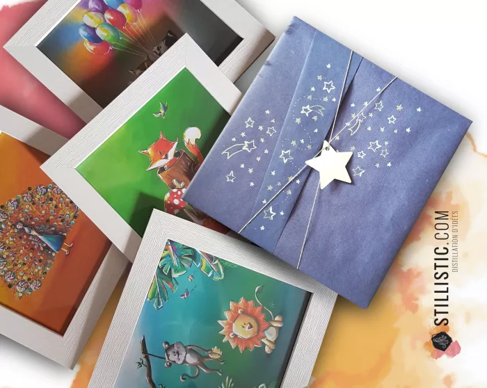 Cadre carré avec Illustration Licorne toboggan étoiles pour Chambre Enfant bébé 25x25cm