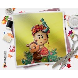 Coupon tissu illustré Frida Kahlo coton ou minky