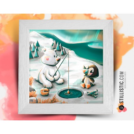 Cadre Illustration Ours polaire et macareux Animaux banquise 25x25cm