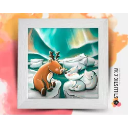 Cadre Illustration Renne et Renard polaire Animaux banquise 25x25cm