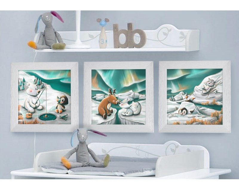 Cadre Illustration Pingouin et Panthère des neiges Animaux banquise 25x25cm