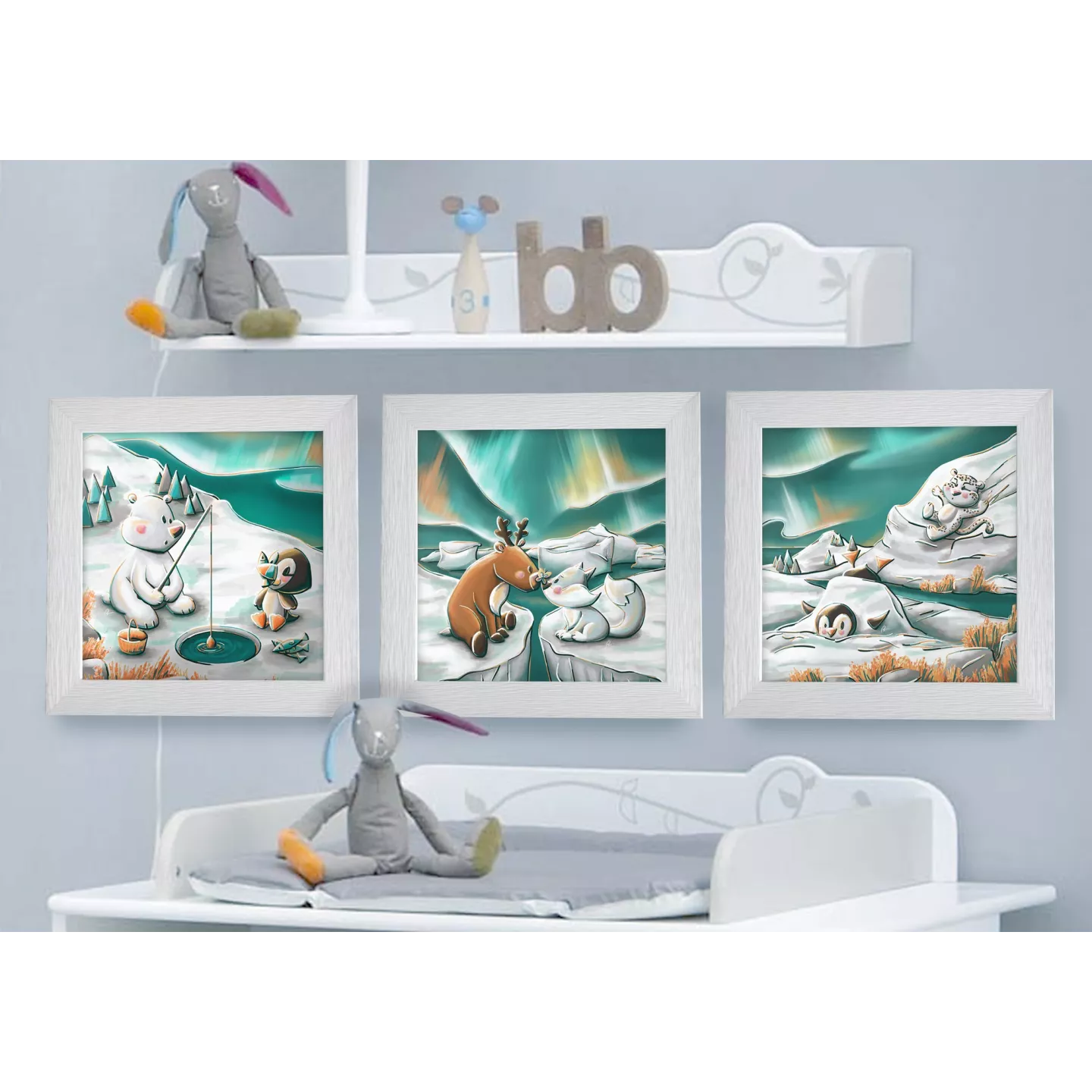 Cadre Illustration Pingouin et Panthère des neiges Animaux banquise 25x25cm