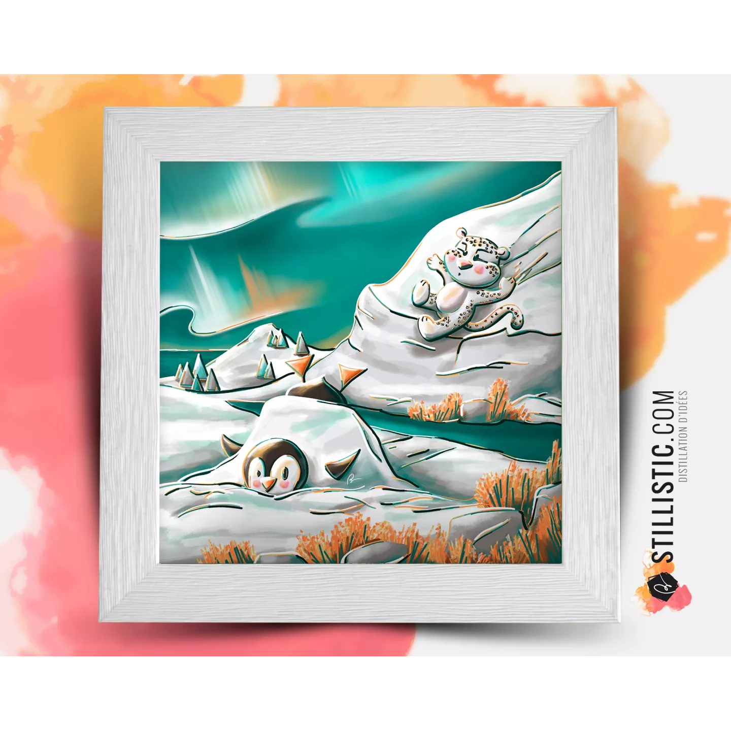 Cadre Illustration Pingouin et Panthère des neiges Animaux banquise 25x25cm