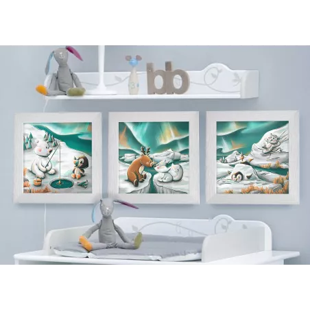 Triptyque lot de 3 Cadres Animaux de la Banquise 25x25cm