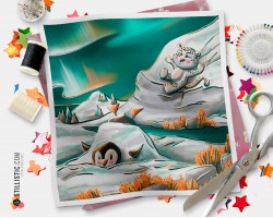 Coupon tissu illustré Banquise Pingouin et Panthère des neiges coton ou minky