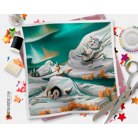 Coupon tissu illustré Banquise Pingouin et Panthère des neiges coton ou minky