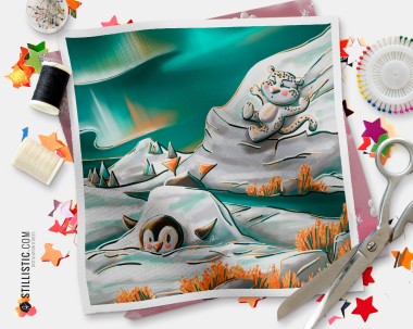 Coupon tissu illustré Banquise Pingouin et Panthère des neiges coton ou minky