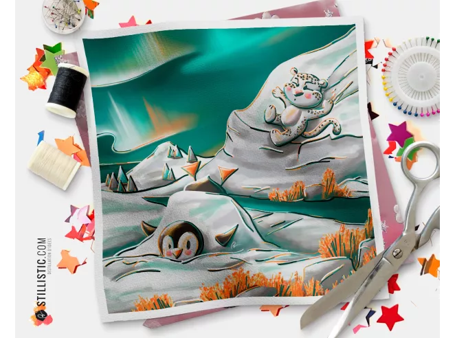 Coupon tissu illustré Banquise Pingouin et Panthère des neiges coton ou minky
