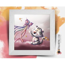 Cadre carré avec Illustration Tigre blanc et cerf-volant papillon pour Chambre Enfant bébé 25x25cm